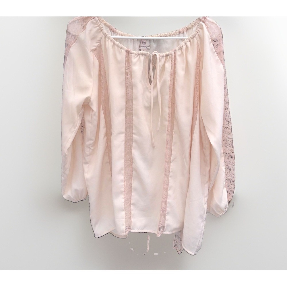 Hot In Hollywood Beige Lace Tunic Top Grannycore Romantic Flowy Blouse Top L